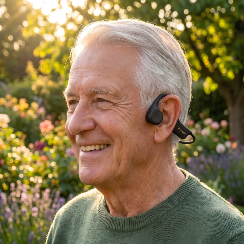 Senior man wearing Treewave Bone Conduction Hearing Aid in a garden